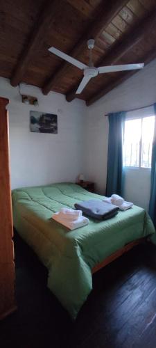 a bedroom with a green bed with a window at CABAÑAS KUME in Potrero de los Funes