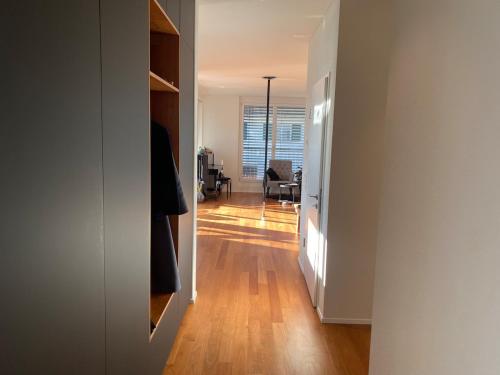 a hallway leading to a living room with a hard wood floor at Mountain View luxury up to four persons in Diepoldsau