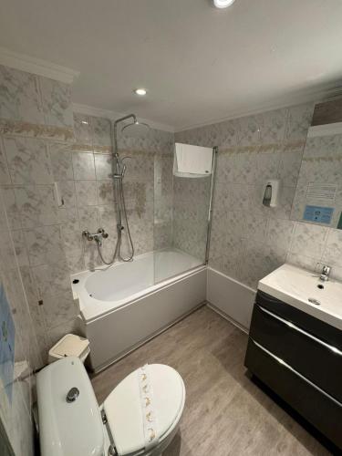 a bathroom with a toilet and a tub and a sink at Hotel Panda in Pas de la Casa