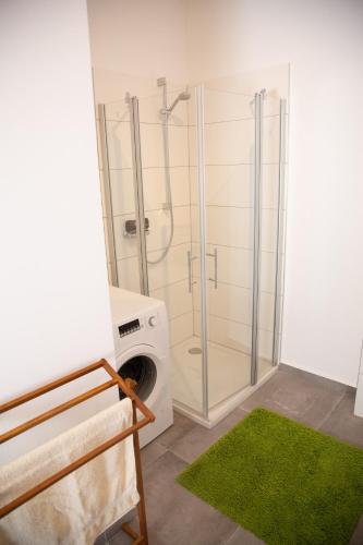 a bathroom with a shower and a washing machine at Meisterhaus Appartment 5 fischergasse 6 B in Glauchau