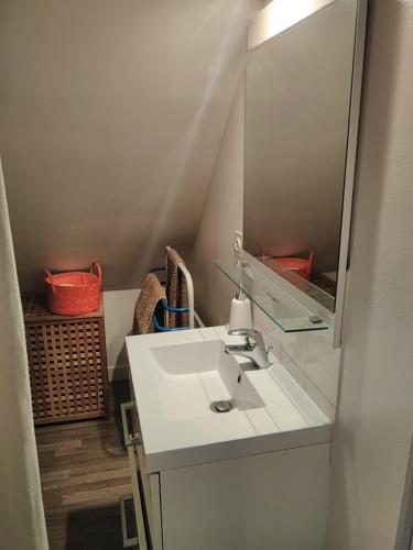 Un baño con un lavabo blanco y un espejo. en Chambre au calme Arradon, en Arradon