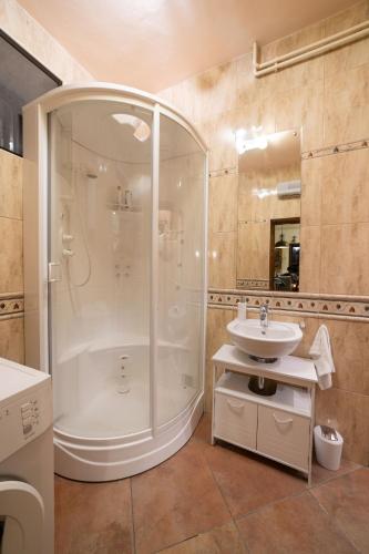 a bathroom with a shower and a sink at CASA NATURA - charming chalet with hot tub in Tuk Vojni