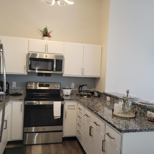 a kitchen with white cabinets and a black appliance at Downtown Indy Lucas Oil Conv Center Skywalk#5 in Indianapolis