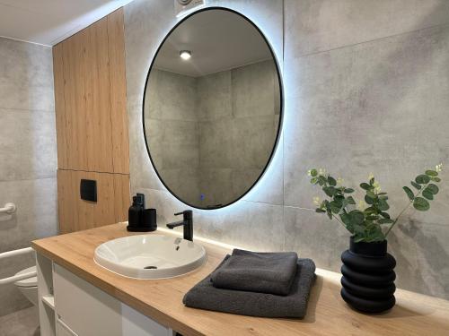a bathroom with a sink and a mirror at Triumph Inn Pension in Rangsdorf