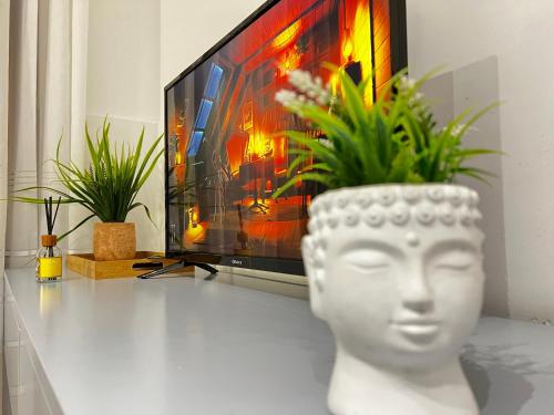 a living room with a tv and a vase with plants at Tirana Square Hotel in Tirana