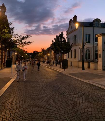 a group of people walking down a street at sunset at Luxurious Townhouse 10 mins walk to Epernay centre in Épernay