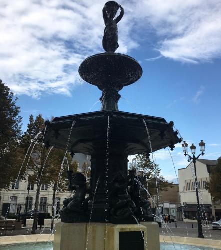 a water fountain with a statue on top of it at Luxurious Townhouse 10 mins walk to Epernay centre in Épernay