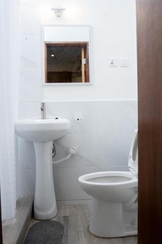 a white bathroom with a sink and a toilet at Ultimate Relaxation at H Village in Dawhwenya