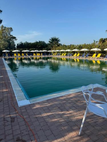 a swimming pool with yellow chairs and a white chair at Villetta giardino, piscina, mare in Campofelice di Roccella