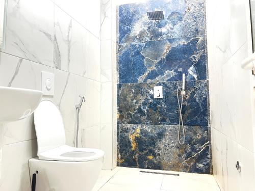 a bathroom with a toilet and a shower at Tirana Square Hotel in Tirana