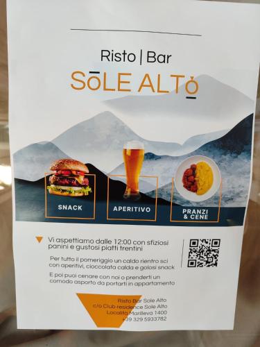 a flyer for a restaurant with a picture of food and a drink at Residence Sole Alto Marillleva 1400 - vista bosco in Marilleva