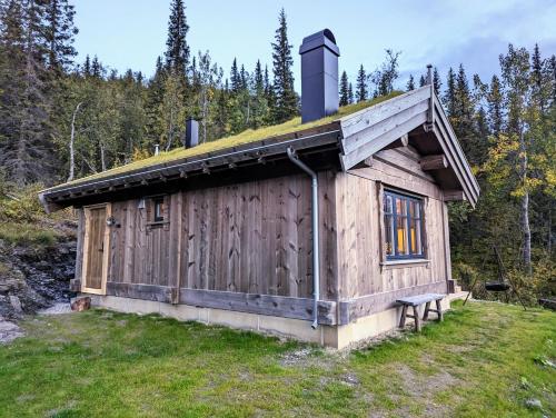 a small cabin with a grass roof on a field at Liaplassen Mountain Chalet - Beitostølen in Beitostøl