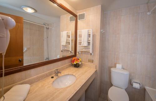 a bathroom with a toilet, sink, and mirror at Hotel Cabaña Del Lago Puerto Varas in Puerto Varas