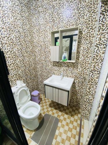 TokuseにあるDanso apartmentのトイレ、洗面台、鏡を備えたバスルーム