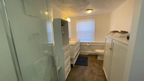 a white bathroom with a toilet and a shower at In Town Studio like Apartment in Wolfville