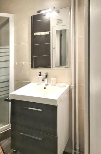 une salle de bain avec un lavabo et un miroir dans l'établissement Studio chaleureux à Uvernet-Fours, 25m² avec vue montagne, à Uvernet