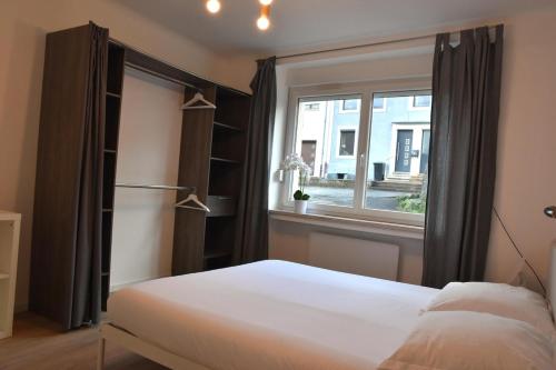 une chambre avec un lit et une fenêtre dans l'établissement Le Nid des Cigognes avec terrace, à Thionville