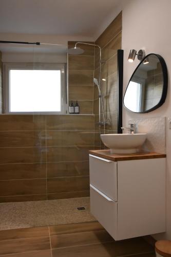 une salle de bain avec un lavabo et un miroir dans l'établissement Le Nid des Cigognes avec terrace, à Thionville