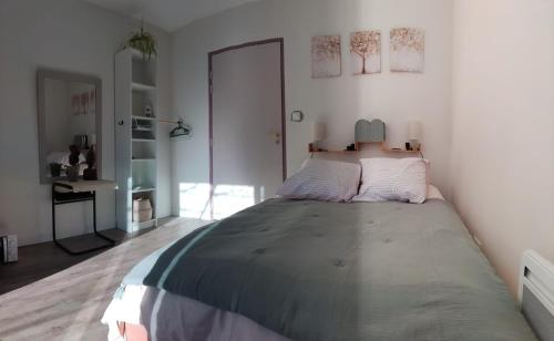 une chambre avec un grand lit dans une pièce dans l'établissement Dunloe Chambre & Terrasse chez l'habitant avec borne recharge électrique, à Chantemerle-lès-Grignan