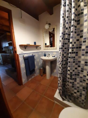 a bathroom with a sink and a shower curtain at Lobetania in Moscardón