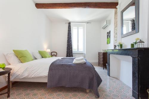 une chambre avec un lit et une cheminée dans l'établissement 19th century winemaker's home, à Nissan-lez-Enserune