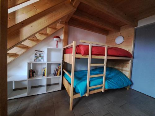 un lit superposé dans une chambre avec des plafonds en bois dans l'établissement Color Lodge - Appartement au centre historique - 4 personnes, à Wissembourg