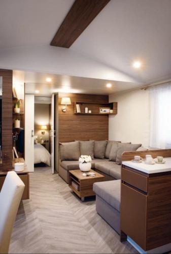 un salon avec un canapé et une table dans l'établissement mobile home for you Les Rives de Condrieu, à Condrieu
