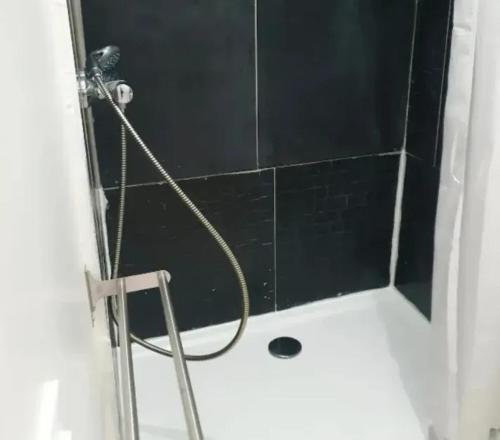 une douche avec un tuyau fixé à un mur en carrelage noir dans l'établissement Appartement moderne à Limeil-Brévannes de 56 m² avec jardin, à Limeil-Brévannes