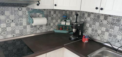 a kitchen counter top with a coffee maker on it at AlVa- relax a oddych v Slovenskom raji in Dedinky