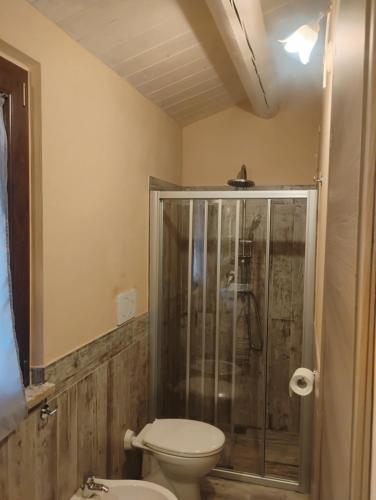 a bathroom with a toilet and a shower at Casa LEPRICE in SantʼElpidio a Mare