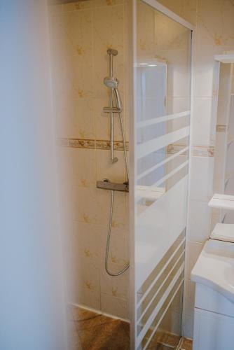 une douche avec une porte vitrée dans une salle de bain dans l'établissement Le Côte Ouest - 2 Bedroom Apartment with Garage, à Dijon