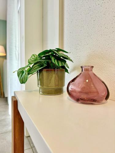 un vase rose assis sur une table avec une plante dans l'établissement Chez Marie, à Entzheim