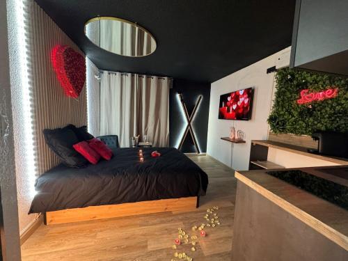 une chambre avec un lit et un grand miroir dans l'établissement Love room - Cap d'Agde, au Cap d'Agde