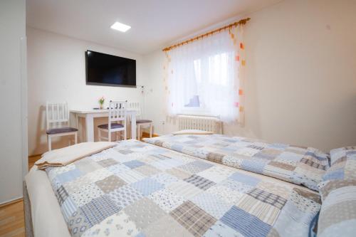 a bedroom with two beds and a table and a television at Penzion Mona in Jeseník