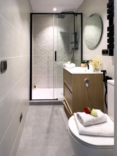 a bathroom with a shower and a toilet and a sink at Bleuets VI in Sainte-Léocadie