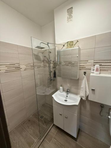 a bathroom with a glass shower and a sink at Boulevard Apartman in Nyíregyháza