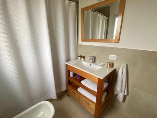 a bathroom with a sink and a mirror and a toilet at Casa en barrio privado en Escobar, laguna y pileta in Belén de Escobar