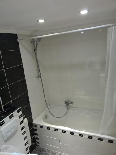 a bathroom with a bath tub with a shower at KRAICHGAU # 3-ZKB mit 100qm voll ausgestattet im DG, Monteurzimmer, Self-Check-in in Ittlingen
