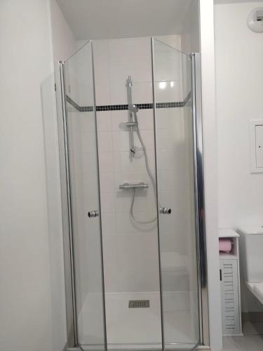 une douche avec une porte vitrée dans une salle de bain dans l'établissement La Poulouchette Berck appartement 200m de la plage, à Berck-sur-Mer