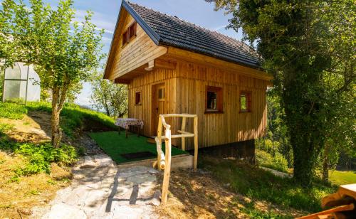 a small wooden house with a green porch at Wooden Chalet - Homestead Vrhovc in Železniki