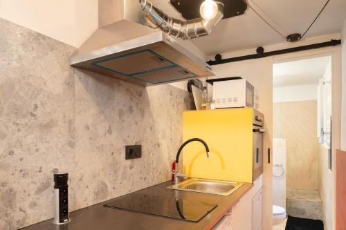 une cuisine avec un évier et un micro-ondes dans l'établissement L'Orangerie Aixoise, à Aix-en-Provence