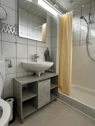 a bathroom with a sink and a toilet and a shower at Buurman aan zee in Julianadorp