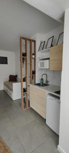- une cuisine avec évier et un lit dans une chambre dans l'établissement Apartment Cannes Croisette, à Cannes