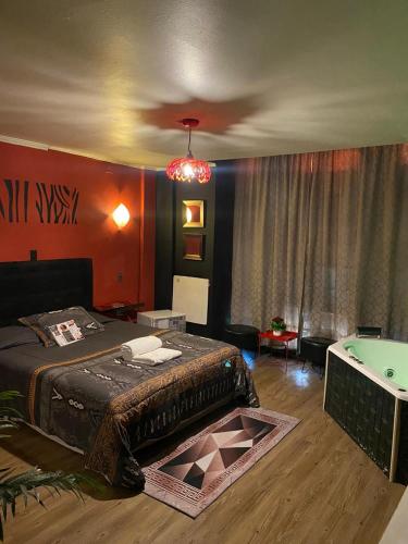 un dormitorio con una cama y una bañera en Hotel Toesca, cercano a Movistar Arena, en Santiago