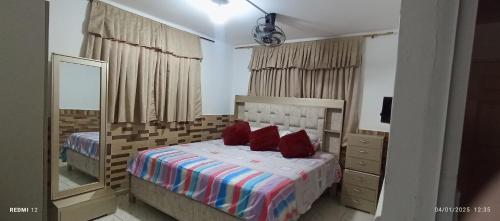 ein Schlafzimmer mit einem Bett mit roten Kissen und einem Spiegel in der Unterkunft Apartamento #3 in Puerto Colombia