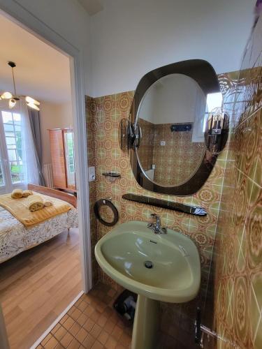 une salle de bain avec un lavabo et un miroir dans l'établissement maison chic et chaleureuse, à Guichen