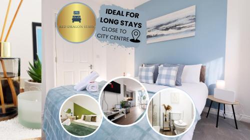 a room with a bed and two mirrors at Cardiff City Centre apartment Private Parking in Cardiff