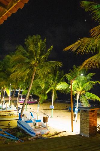 a beach at night with palm trees and chairs at Pousada Fenícia in Japaratinga