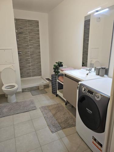 une salle de bain avec un lavabo et des toilettes dans l'établissement Appart 10 min Euro Disney - Bussy Saint Georges, à Bussy-Saint-Georges