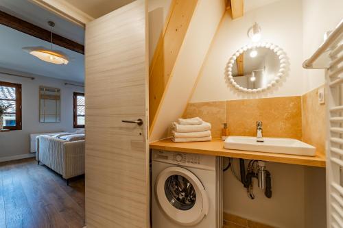 a bathroom with a washing machine and a sink at Duplex Caché Toits & Tradition in Sommières